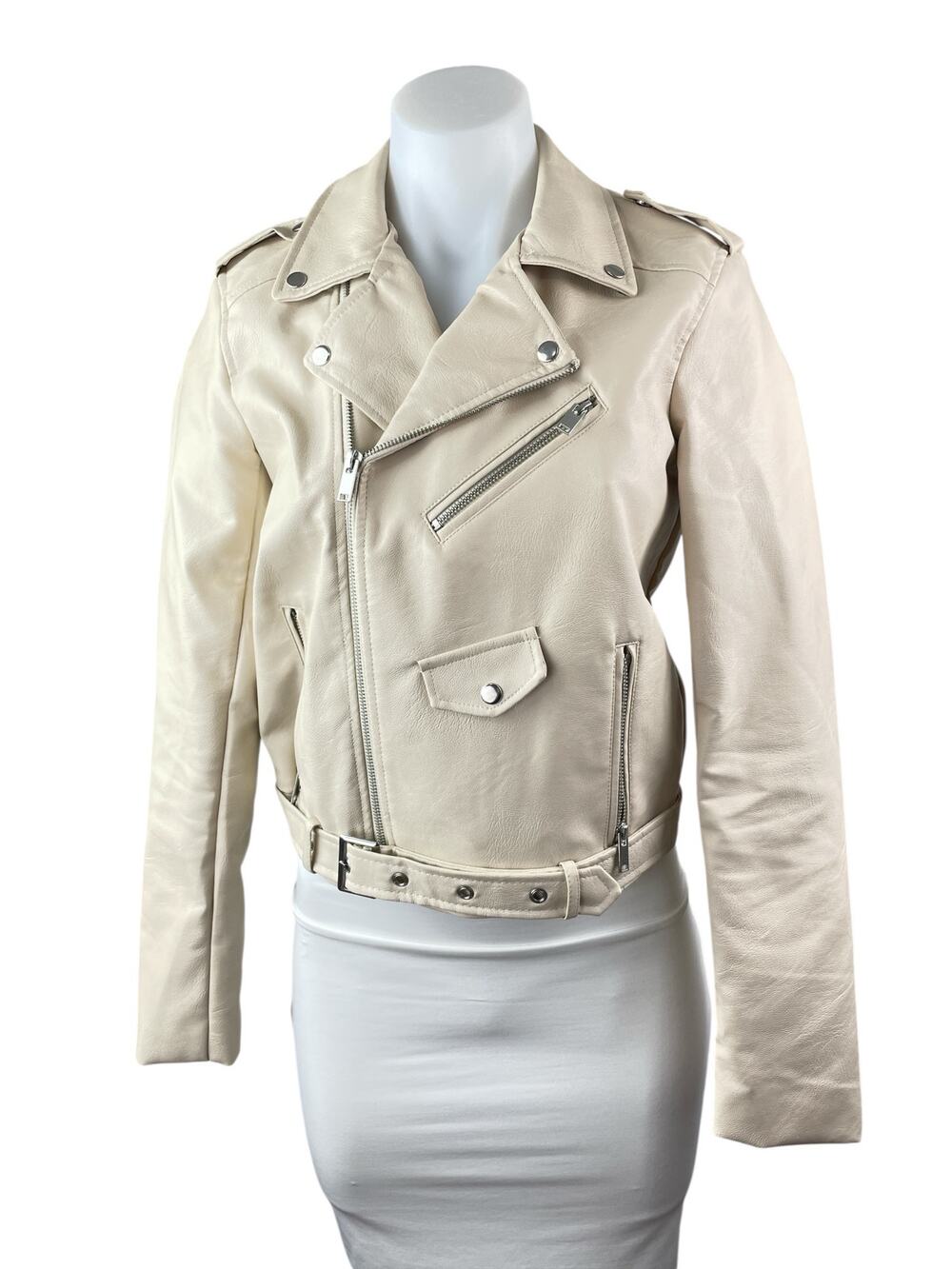 London Women's Cream Faux Leather Vegan Zip Motorcycle Biker Coat Jacket Size S